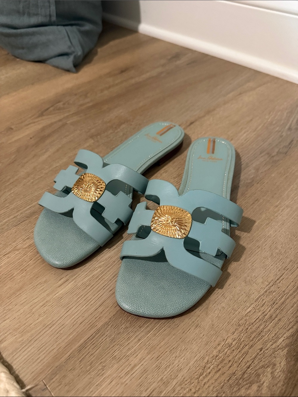 Sam Edelman Aqua Blue Slide Sandals with Gold Medallion